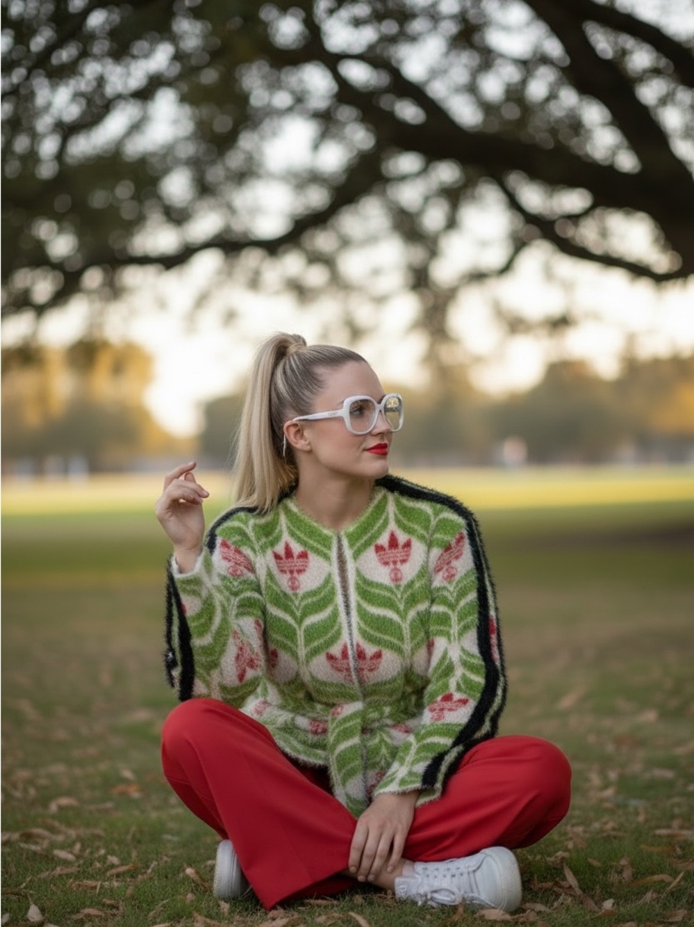 Gucci Adidas Green, White & Red Fuzzy Logo Zip Cardigan - Picture 4 of 12